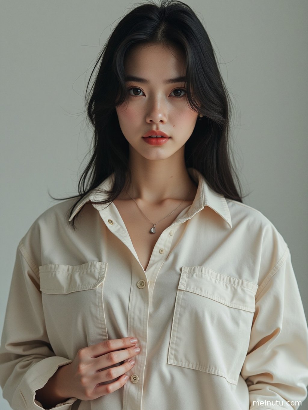 An Asian adult woman placed within the coastal outdoor setting, with the image emphasizing soft light, fresh styling, and crisp wallpaper-ready detail.